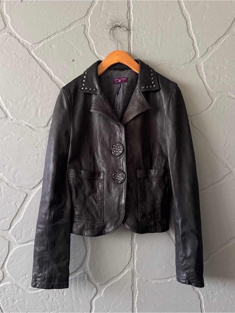 One Step 100% Lamb Leather Jacket Studded Collar Black Moto Blazer EU 38 M